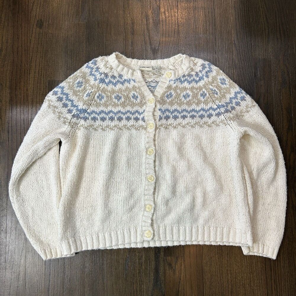 VTG Cherokee 90s Cardigan Sweater Ramie Cotton Knit Fair Isle Cottage Core Sz XL